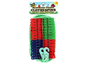 Bulk Buys HX009 - Colorful Plastic Clothespins with Clothesline - 30 Pack