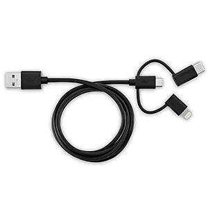 V7 LTCMUSB1M-BLK-1E - 3ft 3-in-1 Lightning - Micro-USB-C USB Cable - Black - Lightning-Micro-USB-USB for iPhone, iPad, iPod - 60 MB-s - 3 ft - 1 x Type A Male USB - 1 x Lightning Male Proprietary Connector, 1 x Type