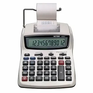 Victor Tech 12082 - Victor 1208-2 12 Digit Compact Commercial Printing Calculator - 2.3 LPS - Extra Large Display, Clock, Date, Sign Change, Environmentally Friendly, Independent Memory, 4-Key Memory - AC Supply/Power Adapter Powered - 1.5 x 6 x 7.5 - White - 1 Each
