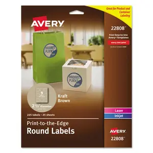 Avery Dennison 22808 - Avery® Print-To-The-Edge Kraft Brown Labels - Permanent Adhesive - Round - Laser, Inkjet - Kraft Brown - Paper - 9 / Sheet - 25 Total Sheets - 225 Total Label(s)