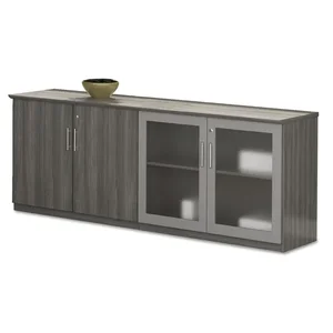 Safco Products MLN MVLCCLGS - Mayline Medina Series Low Wall Cabinet - 72 x 20 x 29.5, 1 Top - 2 Shelve(s) - Beveled Edge - Material: Steel, Polyvinyl Chloride (PVC) Edge, Glass Door, Wood Door - Finish: Gray, Laminate