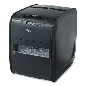 Acco Brands GBC 1757574 - GBC Stack-and-Shred 80X Auto Feed Shredder - Non-continuous Shredder - Cross Cut - 6 Per Pass - for shredding Credit Card, Paper Clip, Staples, Paper - 0.188 x 1.750 Shred Size - Level 3 - 5 ft/min - 9 Throat - 10 Minute Run Time - 40 Minute Cool Down Time - 5 gal Wastebin Capacity - Black