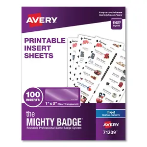 Avery Dennison AVE 71209 - The Mighty Badge® Inkjet Laser/Inkjet Badge Insert - Clear - 1 x 3 - 100 / Pack - Printable