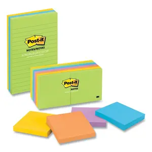 3m MMM 6753AUL - Post-it® Lined Notes in Ultra Colors - 600 - 4" Flag/Note Width x 4" Flag/Note Length - Square - Ruled - Ultra Assorted - Self-adhesive, Repositionable - 3 / Pack