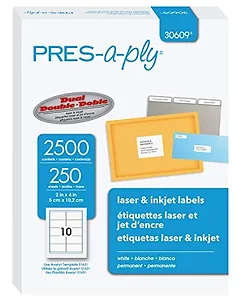 Avery Dennison 30609 - PRES-a-ply White Laser Labels 2" x 4" - 250 Sheets