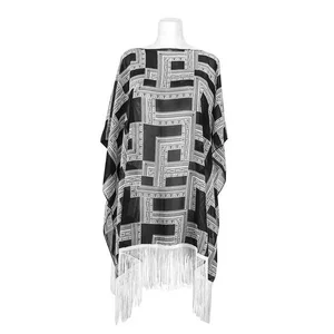 Claudia G Collection A9015 - Stylish Black and White Fringe Poncho for Everyday Wear