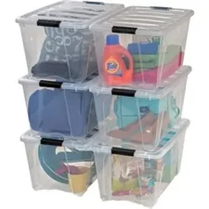 Iris IRS 100245 - Stackable Clear Storage Boxes - Internal Dimensions: 16.10 Length x 11.60 Width x 12.20 Height - External Dimensions: 22 Length x 16.5 Width x 13 Height - 13.25 gal - Latch Lock, Buckle Closure - Stackable - Clear, Black - For Shoes, Blanket, Equipment, Decoration Equipment - 6 / Carton