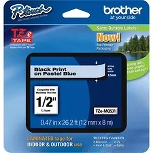 Brother TZEMQ531 - PTouch 1/2 Laminated TZe Tape - 15/32 - Pastel Blue, Clear - 1 Each