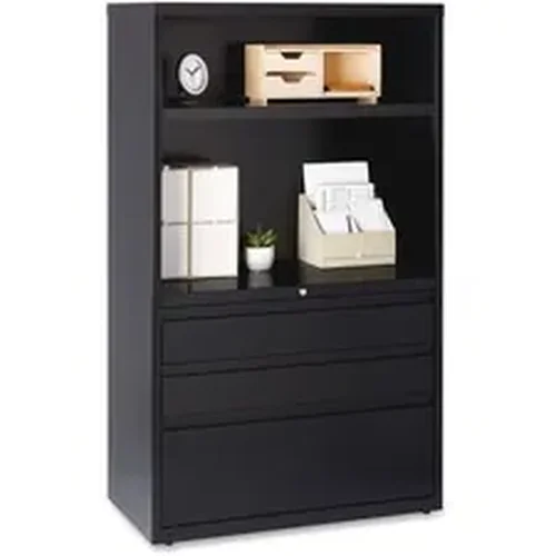 Hirsh Industries HID 21146 - Hirsh FF Lateral File Combo Unit - 3-Drawer - 36 x 18.6 x 60 - 2 x Shelf(ves) - 3 x Drawer(s) for File, Box - Letter, Legal, A4 - Lateral - Lockable, Ball-bearing Suspension, Cable Management, Removable Lock, Hanging Rail, Leveling Glide - Black - Baked Enamel - Steel - Recycled