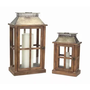 Melrose International 66425DS - Set of 2 Decorative Wood and Metal Lanterns - 13.5"H & 20"H