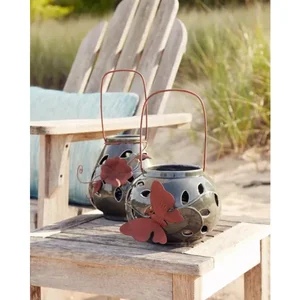 Melrose International 58442DS - Ceramic Leaf Pattern Lanterns - Set of 2 (6.25 & 7.75 H)