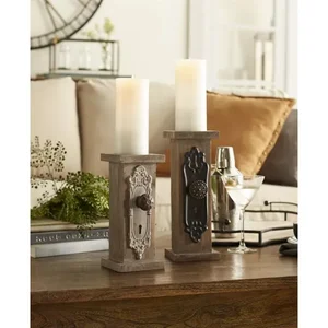 Melrose International 66519DS - Set of 2 Rustic Door Knob Candle Holders - Wood & Metal