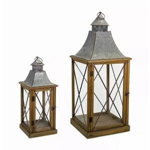 Melrose International 72153DS - Set of 2 Classic Wood and Metal Lanterns - 22H, 33.5H