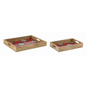 Melrose International 80236DS - Set of 2 Plaid Wooden Trays - 16L x 10.75W & 20L x 16W