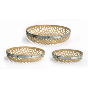 Melrose International 70709DS - Set of 3 Round Woven Trays with Bamboo and Metal Design