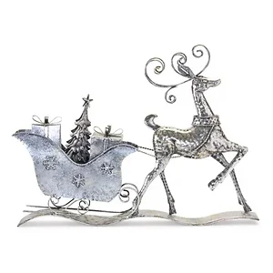 Melrose International 80521DS - Rustic Holiday Deer with Sleigh Metal Sculpture