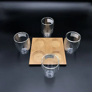 Wilmax WL-555030 - Bamboo Tray with 4 Double-Walled Thermo Glasses Set
