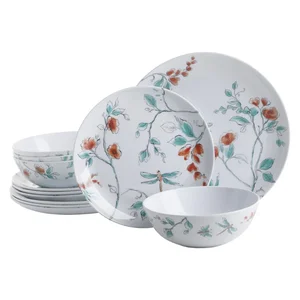 Gibson 127364.12R - 12-Piece Dragonfly Melamine Dinnerware Set for 4