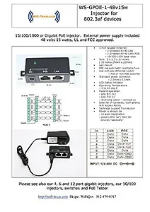 Teknikos GPOE-1B-48V15W - SINGLE PORT GIGABIT MODE B POE INJECTOR WITH 48 VOLT 15 WATT POWER SUPPLY
