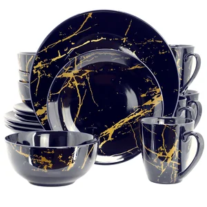 Elama EL-FINEMARBLE-DB-GLD - 16-Piece Dark Blue Marble Porcelain Dinnerware Set