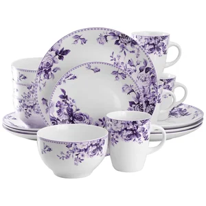 Elama EL-PURPLE-ROSE - Purple Rose 16-Piece Stoneware Dinnerware Set