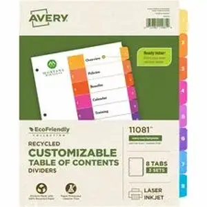 Avery Dennison AVE 11081 - Avery EcoFriendly Recycled Dividers, 8 Tabs (3 Sets of 11081) - 24 x Divider(s) - 24 Tab(s) - Digit - 1-8, Table of Contents - 8 Tab(s)/Set - 8.5" Divider Width x 11" Divider Length - 3 Hole Punched - White Paper Divider - Multicolor Paper Tab(s) - 100% Recycled - Chlorine-free, Printable, Hole-punched, Customizable, Reinforced Tab, Hole Reinforcement, Eco-friendly, Double-sided, Pre-printed, Punched - 8 Dividers/Set - 3 Set