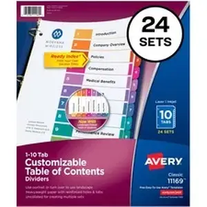 Avery Dennison AVE 11169 - Avery® Ready Index(R) 10 Tab Binder Dividers, Customizable Table of Contents, Multicolor Tabs, 24 Sets (11169) - 240 x Divider(s) - 1-10 - 10 Tab(s)/Set - 8.5" Divider Width x 11" Divider Length - 3 Hole Punched - White Paper Divider - Multicolor Paper Tab(s) - 20% Recycled