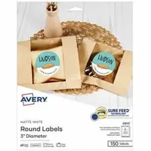 Avery Dennison AVE 05655 - Avery® Multipurpose Label - 3" Diameter - Round - Matte White - 6 / Sheet - 150 Total Label(s) - 150 / Pack