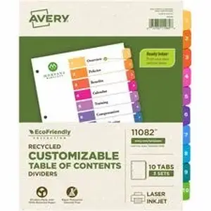 Avery Dennison AVE 11082 - Avery EcoFriendly Recycled Dividers, 10 Tabs (3 Sets of 11082) - 30 x Divider(s) - 30 Tab(s) - Digit - 1-10, Table of Contents - 10 Tab(s)/Set - 8.5" Divider Width x 11" Divider Length - 3 Hole Punched - White Paper Divider - Multicolor Paper Tab(s) - 100% Recycled - Chlorine-free, Printable, Hole-punched, Customizable, Reinforced Tab, Hole Reinforcement, Eco-friendly, Double-sided, Pre-printed, Punched - 10 Dividers/Set - 3 Set