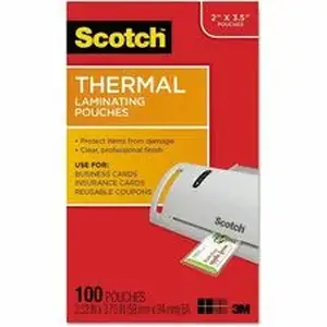 3m MMM TP5851100 - Scotch Thermal Laminating Pouches - Laminating Pouch/Sheet Size: 2.30" Width x 3.70" Length x 5 mil Thickness - Glossy - for Business Card, Photo, Document, Lists, Coupon, Punch Card - Double Sided, Moisture Resistant, Photo-safe - Clear - 100 / Pack