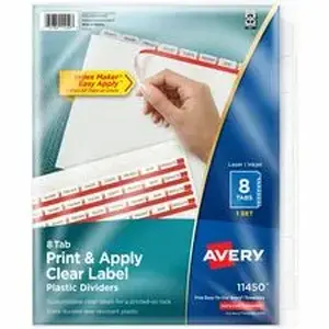 Avery Dennison AVE 11450 - Avery® Index Maker Index Divider - 8 x Divider(s) - Print-on Tab(s) - 8 - 8 Tab(s)/Set - 8.5" Divider Width x 11" Divider Length - 3 Hole Punched - Translucent Plastic Divider - Frosted Clear Plastic Tab(s) - Printable, Hole-punched, Reinforced Tab, Customizable, Durable, Tear Resistant, Long Lasting