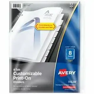 Avery Dennison AVE 11528 - Avery® Customizable Print-On(TM) Dividers, 8-Tab Set (11528) - 8 x Divider(s) - Print-on Tab(s) - 8 - 8 Tab(s)/Set - 8.5" Divider Width x 11" Divider Length - 3 Hole Punched - White Paper Divider - White Paper Tab(s) - 20% - Printable, Hole-punched, Customizable, PVC-free, Chlorine-free - 1 / Set