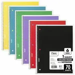 Acco Brands MEA 73065 - Mead Notebook - 1 Subject(s) - 70 Sheets - 70 Pages - Wire Bound - 3 Hole(s) - 7 1/2" x 10 1/2" Sheet Size - 10.50" Height x 8.3" Width x 0.5" Depth - Black, Blue, Green, Purple, Red, Yellow Cover - Opaque, Double Sided Sheet, Perforated, Easy Tear, Durable Cover, Undated, Spiral Bound - 6 Pack