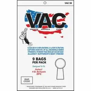 Vacuum America Clean VAC VAC58 - V.A.C. Perfect 4-Quart Backpack Vacuum Bags - 9/Pack - 5 / Bundle - 1 gal - White