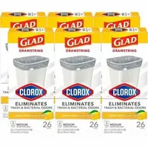 Clorox CLO 79316 - Glad Medium Drawstring Trash Bags - Lemon Fresh Bleach - Medium Size - 8 gal Capacity - Drawstring Closure - White - Garbage, Can, Bathroom, Kitchen, Home - 26 / Pack