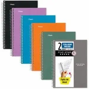 Acco Brands MEA 840029A - Mead College Ruled Notebook - 2 Subject(s) - 80 Sheets - Spiral - Ruled Margin - AssortedPlastic Cover - Double Sided Sheet, Ink Resistant, Perforated, Easy Tear, Tear Resistant, Durable, Water Resistant, Spiral Lock, Snag Resistant, Recyclable - 6 / Pack