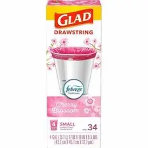 Clorox CLO 79274CT - Glad Odorshield Cherry Blossom Trash Bags - Cherry Blossom - Small Size - 4 gal Capacity - 18" Length x 17" Width - Drawstring Closure - Pink - Garbage, Kitchen, Bedroom, Bathroom - 34/Box - 6 / Carton