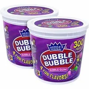 Green Rabbit GRR 60004082 - Dubble-Bubble Assorted Bubble Gum - Bubble Gum, Watermelon, Grape, Sour Apple - Individually Wrapped - 0.16 oz - 300 /Tub - 2 / Carton