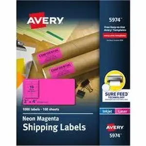 Avery Dennison AVE 5974 - Avery® 2" x 4" Neon Shipping Labels with Sure Feed, 1, 000 Labels (5974) - x 2" Width x 4" Length - Permanent Adhesive - Rectangle - Inkjet, Laser - Matte - Neon Magenta - Paper - 10 / Sheet - 100 Total Sheets - 1000 Total Label(s) - For Label Printer - 100 / Box