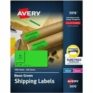 Avery Dennison AVE 5976 - Avery® 2"x 4" Neon Shipping Labels with Sure Feed, 1, 000 Labels (5976) - x 2" Width x 4" Length - Permanent Adhesive - Rectangle - Inkjet, Laser - Matte - Neon Green - Paper - 10 / Sheet - 100 Total Sheets - 1000 Total Label(s) - For Label Printer - 100 / Box