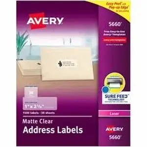 Avery Dennison AVE 5660 - Avery Address Labels, 1" x 2-5/8", Matte Clear, 1, 500ct (5660) - x 1" Width x 2 5/8" Length - Full Sheet - Permanent Adhesive - Rectangle - Laser - Matte - Clear - Film - 30 / Sheet - 50 Total Sheets - 1500 Total Label(s) - For Label Printer - 1500 / Box