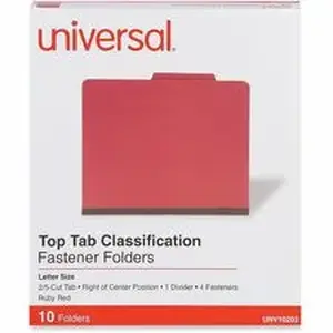 Universal Products UNV 10203 - Universal 2/5 Tab Cut Letter Classification Folder - 8 1/2" x 11" - 2" Expansion - 4 Fastener - 2" Fastener Capacity - Top Tab Location - Right of Center Tab Position - 1 Divider - Ruby Red - 10 / Box