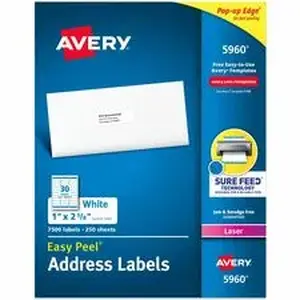 Avery Dennison 5960 - Avery® Easy Peel Address Labels - 1" Width x 2 5/8" Length - Permanent Adhesive - Rectangle - Laser - Matte - White - Paper - 30 / Sheet - 250 Total Sheets - 7500 Total Label(s) - 7500 / Box