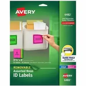 Avery Dennison AVE 6482 - Avery® Multipurpose Label - x 3 21/64" Width x 4" Length - Removable Adhesive - Rectangle - Inkjet, Laser - Matte - Neon Green, Neon Magenta, Neon Yellow - Paper - 6 / Sheet - 12 Total Sheets - 72 Total Label(s) - For Label Printer - 72 / Pack