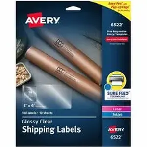 Avery Dennison AVE 6522 - Avery® Shipping Labels, Glossy Clear, 2" x 4", 100 Labels (6522) - x 2" Width x 4" Length - Permanent Adhesive - Rectangle - Inkjet, Laser - Glossy - Clear - Film - 10 / Sheet - 10 Total Sheets - 100 Total Label(s) - For Label Printer - 100 / Pack