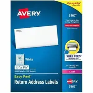 Avery Dennison AVE 5167 - Avery® Easy Peel Return Address Labels, 1/2"x1-3/4" 8, 000 Labels (5167) - x 1/2" Width x 1 3/4" Length - Permanent Adhesive - Rectangle - Laser - Matte - White - Paper - 80 / Sheet - 100 Total Sheets - 8000 Total Label(s) - For Label Printer - 8000 / Box
