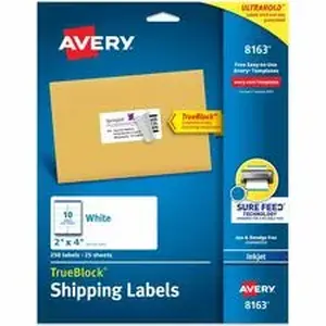Avery Dennison AVE 8163 - Avery® Shipping Labels, Sure Feed®, 2" x 4", 250 Labels (8163) - 2" Width x 4" Length - Permanent Adhesive - Rectangle - Inkjet - Matte - White - Paper - 10 / Sheet - 25 Total Sheets - 250 Total Label(s) - 250 / Pack