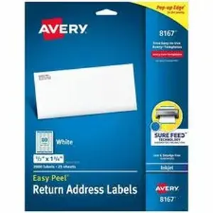 Avery Dennison AVE 8167 - Avery® Easy Peel Return Address Labels, 1/2"x1-3/4" 2, 000 Labels (8167) - x 1/2" Width x 1 3/4" Length - Permanent Adhesive - Rectangle - Inkjet - Matte - White - Paper - 80 / Sheet - 25 Total Sheets - 2000 Total Label(s) - For Label Printer - 2000 / Pack