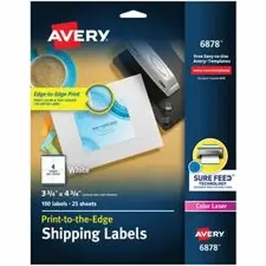 Avery Dennison AVE 6878 - Avery® Shipping Labels, Sure Feed, 3-3/4" x 4-3/4", 100 Labels (6878) - 3 3/4" Width x 4 3/4" Length - Permanent Adhesive - Rectangle - Laser, Inkjet - Matte - White - Paper - 4 / Sheet - 25 Total Sheets - 100 Total Label(s) - 100 / Pack