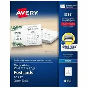 Avery Dennison AVE 8386 - Avery® Sure Feed Postcards - 97 Brightness - 4" x 6" - 80 lb Basis Weight - 216 g/m² Grammage - Matte - Perforated, Heavyweight, Rounded Corner, Print-to-the-edge, Recyclable, Biodegradable, Coated - White - 1 Box